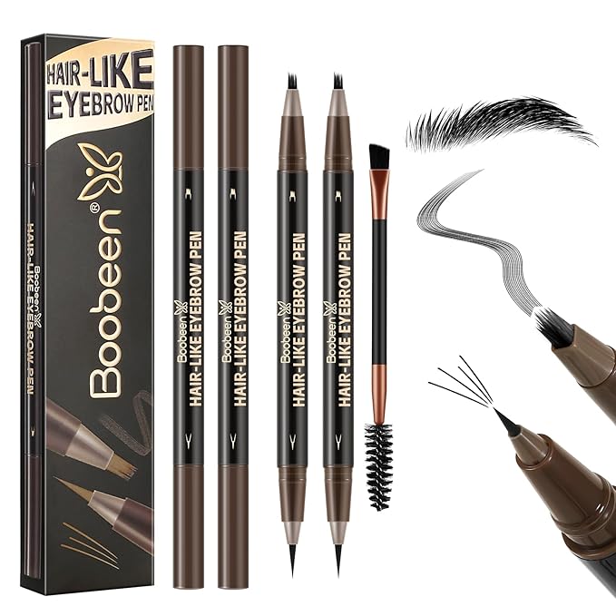 Boobeen 3pcs Waterproof Eyebrow Pen，Dual-Ended Eyeliner Microblading Eyebrow Pencil for Women，Long Lasting Hair-Like Brow Pen with Brow Brush，Dark Brown