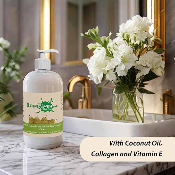 Shower Body Cream - Pear with Shea Butter, Collagen, Vitamin E and Aloe Vera - Moisturizing, Nourishing, and Soothing Skin Care - By Natural Splash.