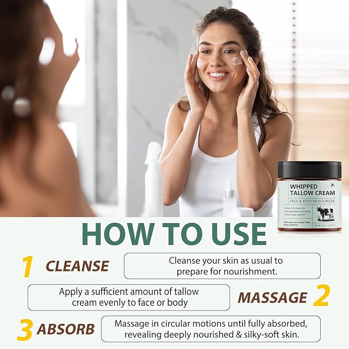 Beef Tallow for Skin, Beef Tallow Moisturizer, 8.4 oz Organic Whipped Grass Fed Beef Tallow with Honey Cream for Face & Body, Unscented