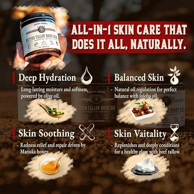 Organic Beef Tallow for Skin - 4 OZ (Pack of 3) — Grass Fed Beef Tallow for face + Body — US-Made Whipped Tallow and Honey Balm Moisturizer for Dry and Sensitive Skin, Eczema, Rosacea (No Additives)