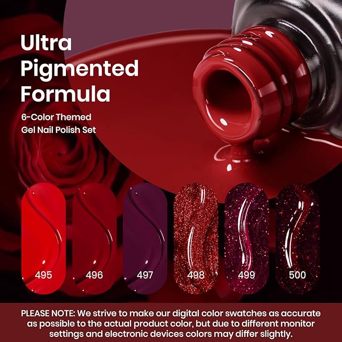 Beetles Red Gel Nail Polish Set Winter Gel Polish 6 Colors Burgundy Red Glitter Purple Soak Off UV LED Art Design Decoration DIY Nail Gifts for Women Poinsettia