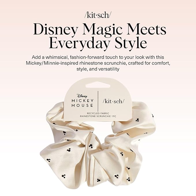 Kitsch & Mickey/Minnie Fabric Rhinestone Scrunchies for Girls and Women, Hair Scrunchies for All Hair Types, Perfect for Updo | Ideal Gifts for Women (Cream) - 1 Piece