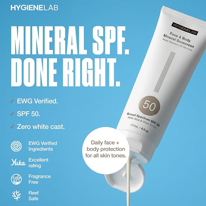 HygieneLab Mineral Sunscreen SPF 50 – Invisible Sheer Finish, Rated Excellent on Yuka, Zinc Oxide, Broad Spectrum UVA/UVB Protection, Reef Safe, Aloe Vera & Shea Butter Hydration (Large 6 oz)