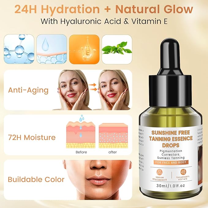 Natural Sunless Tanning Drops for Face ＆ Body - Hydrating Bronzing Drops with Hyaluronic Acid & Vitamin E, Buildable Self Tanner for Glowing, Youthful Skin