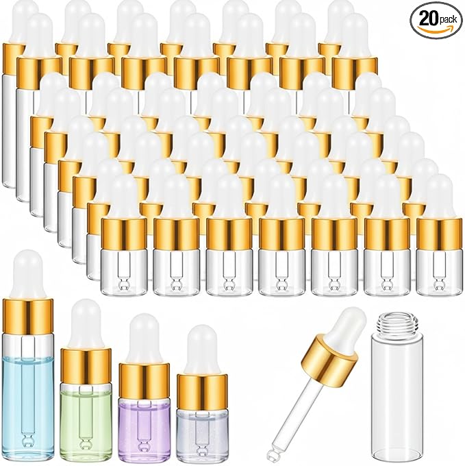 20 Pcs Mini Glass Oil Dropper Bottle Bulk, Clear Essential Small Empty Bottles Sample Containers Perfume Liquid Vials with Cap for Traveling (1ml,2ml,3ml,5ml,Gold)