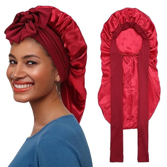 AWAYTR Long Satin Bonnet for Braids - Elastic Silk Hair Bonnets for Sleeping Night Cap Stretchy Tie Band for Women（Wine Red）