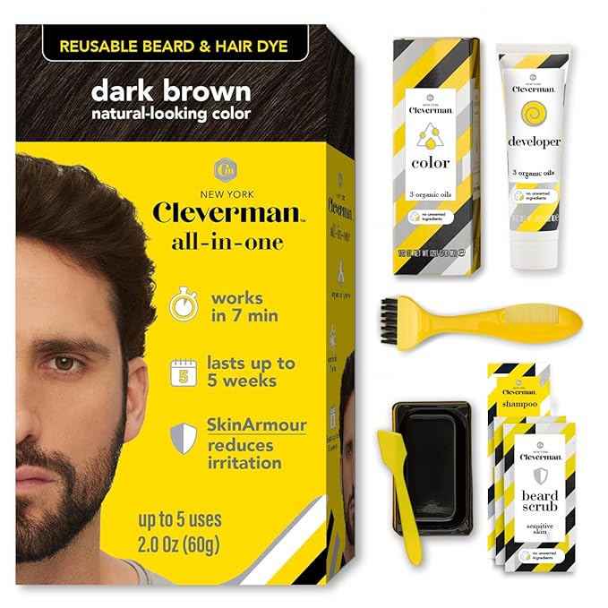 Cleverman Dark Brown Hair & Beard Dye Kit for Men - Natural-Looking Gray Coverage, Professional-Quality, Ammonia-Free for Hair, Beard & Mustache