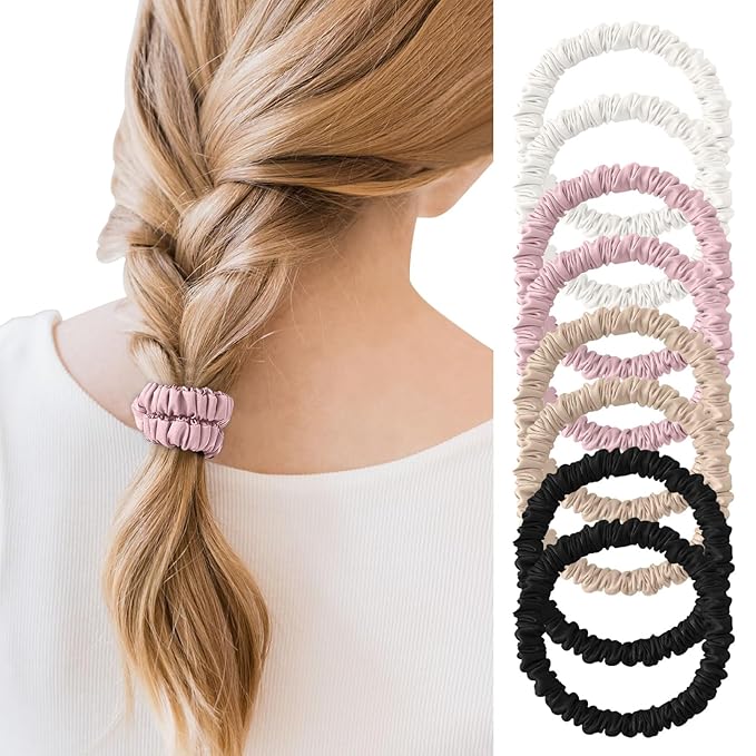 8Pcs 100% Mulberry Silk Scrunchies Hair Care, Skinny Hair Ties Elastic, 22 Momme Mulberry Silk Hair Ties Scrunchies Set Women Curly Thin Hair