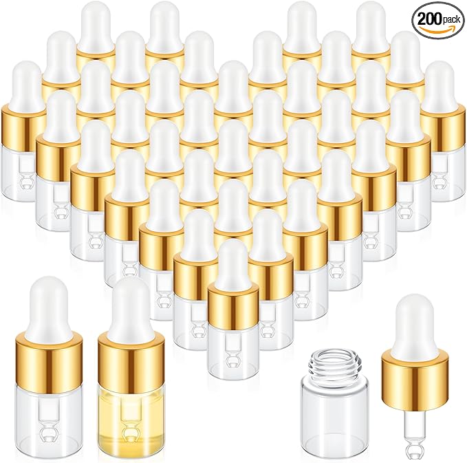 200 Pcs Mini Glass Oil Dropper Bottle Bulk, Clear Essential Small Empty Bottles Sample Containers Perfume Liquid Vials with Cap for Traveling (2 ml,Gold)