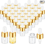 200 Pcs Mini Glass Oil Dropper Bottle Bulk, Clear Essential Small Empty Bottles Sample Containers Perfume Liquid Vials with Cap for Traveling (2 ml,Gold)