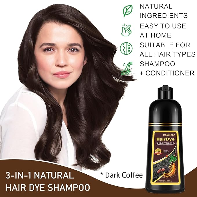 Dark Coffee Hair Dye Shampoo 3-in-1, 100% Gray Hair Coverage in Minutes, Instant Brown Shampoo Hair Dye, Herbal Hair Color Shampoo for Women & Men, Coloring Shampoo for Dyeing Gray, 16.9 Fl Oz