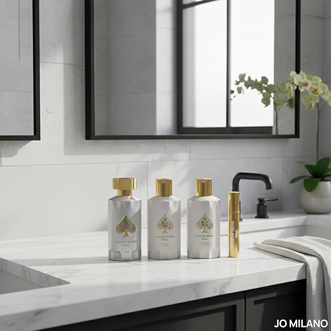 Jo Milano Game Of Spades Opal 4-Piece Gift Set | 3.4 oz Parfum Spray, 6.8 oz Body Cleanser, 6.8 oz Body Cream, 0.27 oz Refillable Atomizer | Long Lasting Fragrance for Men and Women (Unisex)