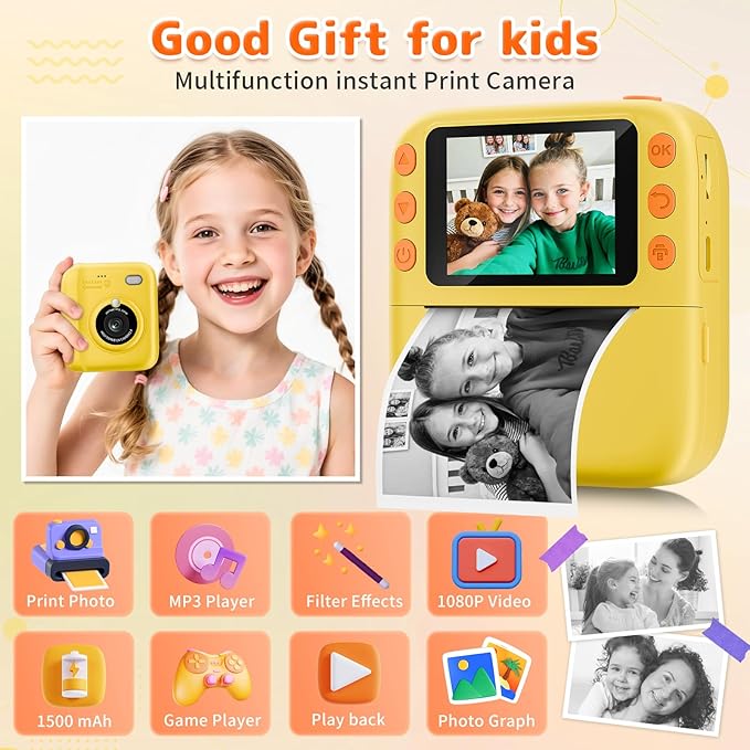 Instant Print Camera for Kids, Christmas Birthday Gifts for Girls Boys, 1080P Instant Digital Print Cameras for Toddler,Portable Toy for 4 5 6 7 8 9 10 Year Old Girl with 32GB SD Card，Yellow