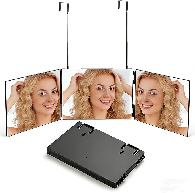 3 Way Mirror for Men & Women - Trifold Self Haircut Mirror, 360° View with Height Adjustable Hooks, Anti-Fog HD Glass for Shaving, Makeup, Braiding, Dye Hair, Travel Friendly Grooming Tool