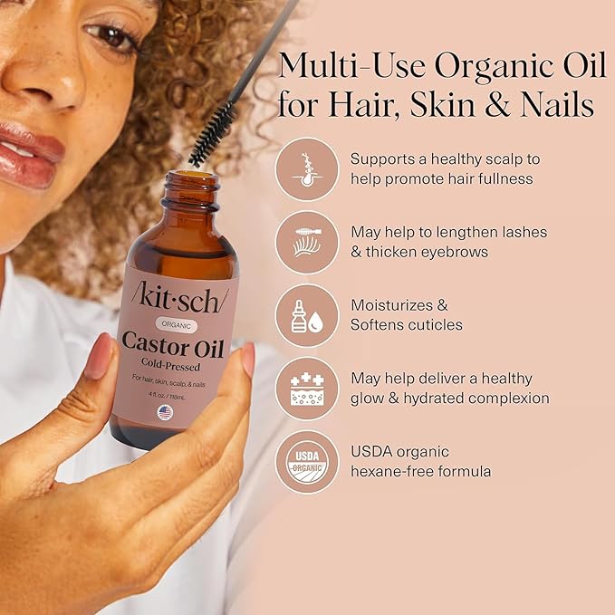 Kitsch Organic Castor Oil for Hair Growth - 100% Pure Castor Oil, Organic Cold Pressed Unrefined Glass Bottle for Face, Skin, Lashes, Brows, Scalp, Nails & Belly Button | Ideal Gifts for Women - 4 oz