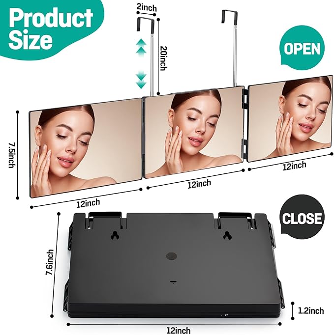 3 Way Mirror for Men & Women - Trifold Self Haircut Mirror, 360° View with Height Adjustable Hooks, Anti-Fog HD Glass for Shaving, Makeup, Braiding, Dye Hair, Travel Friendly Grooming Tool