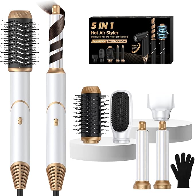 Hair Dryer Brush 5 in 1, Blow Dryer Brush Set with Air Curler Wrap Hair Styler, Negative Ionic Blow Dry Brush, Detachable Hair Tool for Curling, Volumizer,Straightener,Drying