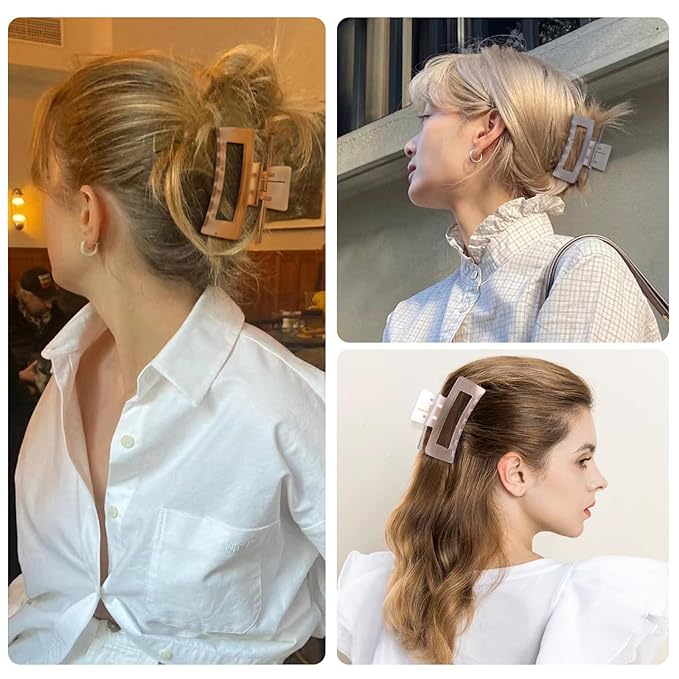 3.5 Inch Medium Hair Accessories - 6 Pack Square and Rectangle Banana Jaw Clips for Women and Girls - Tea