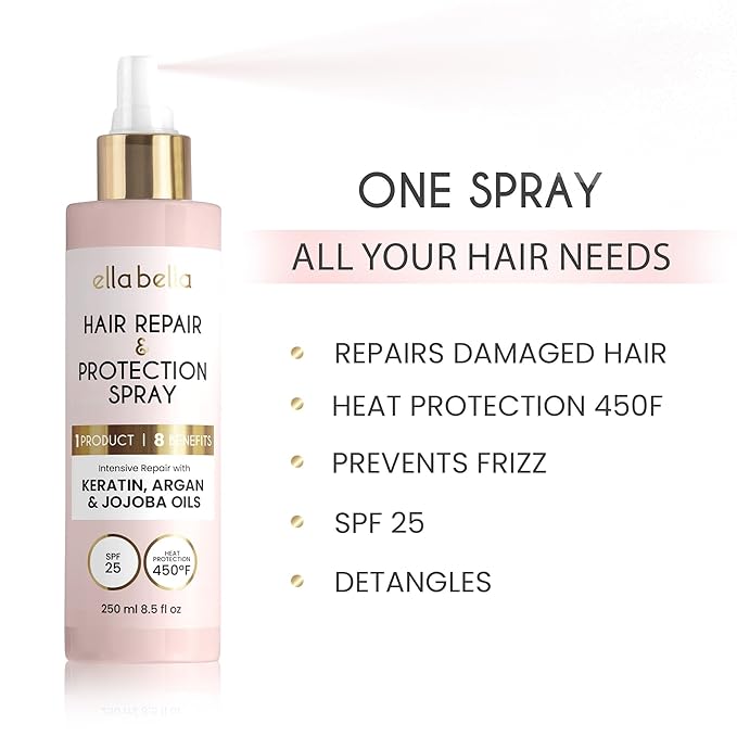 ELLA BELLA®️ All-in-1 Heat Protectant Spray for Hair • Repair, Protect, and Nourish with UV Shield • Cruelty-Free Formula with Argan Oil, Jojoba, and Keratin • Professional Hair Heat Protection Spray