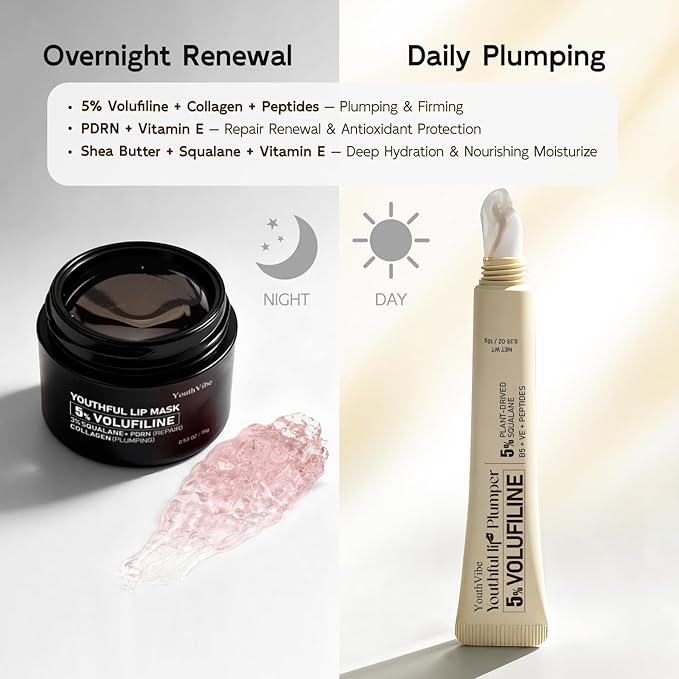 YouthVibe Lip Sleeping Mask Overnight Moisturizing - 5% Volufiline, Squalane, Shea Butter, PDRN & Collagen Hydrating Lip Mask for Dry, Flaky Lips