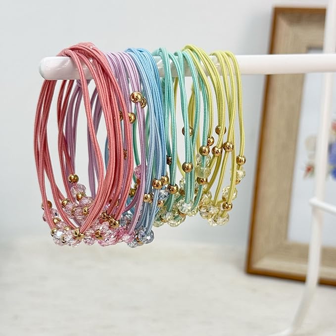 10pcs Colorful Hair Ties with Gold & Crystal Beads, Thin Elastic Ponytail Holders for Women, No Damage, Stylish Hair Accessories