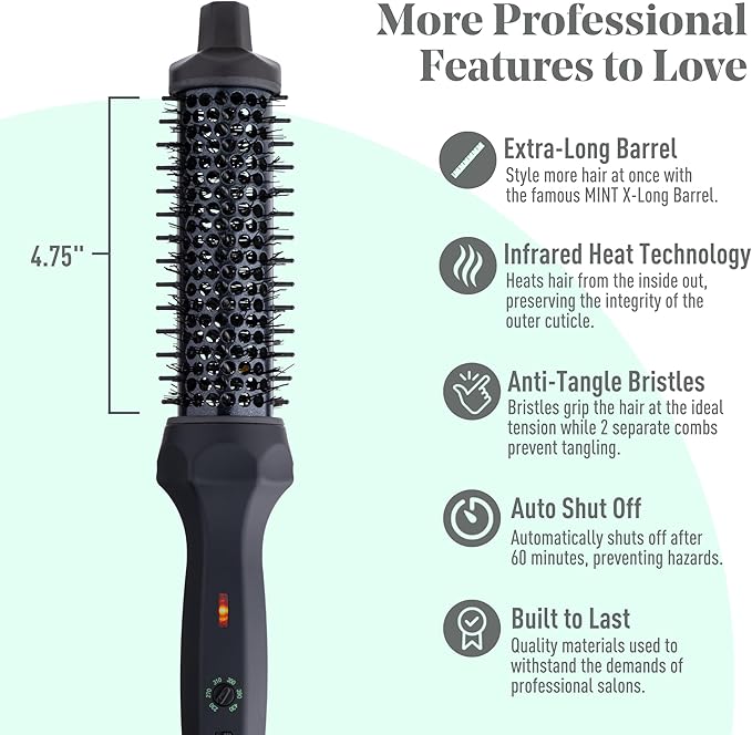 MINT Extra-Long 1 1/3 Inch Thermal Brush for Effortless Curls, Volume & Waves | 230-430°F 2-Heater Ceramic Curling Iron Brush Creates Long-Lasting Styles | Heated Round Styler