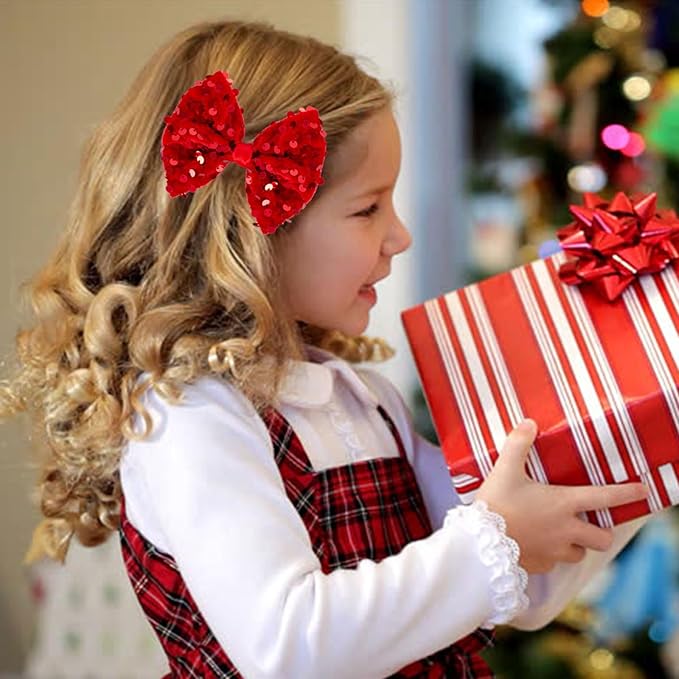 Velvet Sequin Hair Bows Elegant Red Bow for Women Girls, 4in Glitter Handmade Hair Clips Alligator Clips Sparkly Ponytail Holder Hair Accessories for Christmas, Birthday Party, Wedding, Valentines