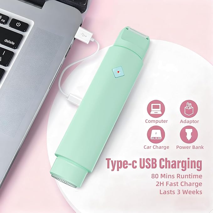 2-in-1 Dual Head Bikini Shaver - Waterproof Bikini Trimmer for Women, Cordless Rechargeable Electric Shaver, Women Electric Razors Grooming Kit (Green)