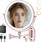 9" Wall Mounted Lighted Makeup Mirror,4000mAh Rechargeable Double Sided 1X/10X Magnifying Mirror with Light,3 Color Lights,Touch Dimmable,Extended Arm 360 Rotation Wall Mounted Makeup Mirror