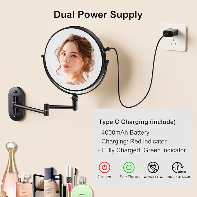 9" Wall Mounted Lighted Makeup Mirror,4000mAh Rechargeable Double Sided 1X/10X Magnifying Mirror with Light,3 Color Lights,Touch Dimmable,Extended Arm 360 Rotation Wall Mounted Makeup Mirror