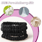 4Pcs Mulberry Silk Scrunchies & Hair Ties - No Crease Skinny Scrunchies Elastic Set for Women All Hair Types, Reduces Breakage (Black)