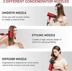 Slopehill Professional Ionic Hair Dryer, Powerful 1800W Fast Drying Low Noise Blow Dryer with 2 Concentrator Nozzle 1 Diffuser Attachments for Home Salon Travel (Agate Red)