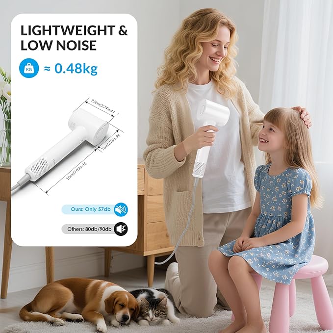 Hair Dryer, Travel Small Hair Dryer with Diffuser,High Speed Brushless Fast Drying Blow Dryer,Low Noise/Compact/Mini Design Hairdryer for Women,Men - No Heat Damage