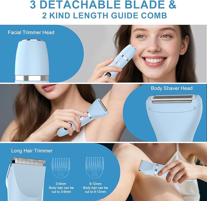 3-in-1 Electric Razor IPX7 Waterproof Bikini Trimmer Wet & Dry Use Painless Personal Trimmer Groomer for Ladies Face Body Legs Bikini Public Hairs Electric Lady Shaver with Replaceable Heads