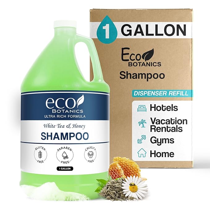 Terra Pure 1-Shoppe Eco Botanics Natural Shampoo with Raw Honey & White Tea | Gallon Jug Bulk Toiletries for Airbnb, Vacation Rentals, and Home Bathroom | Refill For Soap Dispensers