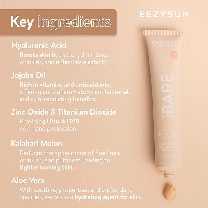BARE Tinted Sunscreen SPF 50 – Non-Greasy, Water-Resistant, Vegan & Reef-Safe with Hyaluronic Acid & Jojoba Oil – 1.69 fl oz – Light