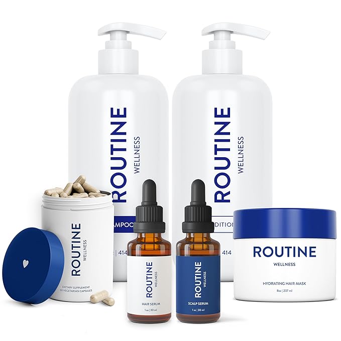 Routine Wellness Bundle - Shampoo and Conditioner Set for Thinning Hair, Two Serums for Scalp Health, Hair Growth Supplement & Hair Mask - Unscented