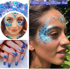 Go Ho Blue Face Body Glitter,Halloween Blue Face Paint Sparkling Mermaid Glitter Gel,Holographic Chunky Sequins Glitters for Eye Lip Hair Nails,Festival Rave Accessories