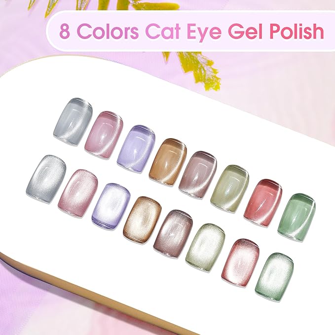 ROSALIND Cat Eye Gel Nail Polish, 8 Color Jelly Gel Polish with Magnet Stick Magnetic Cateye Translucent Effect Sheer Glitter Collection Manicure Gifts for Women