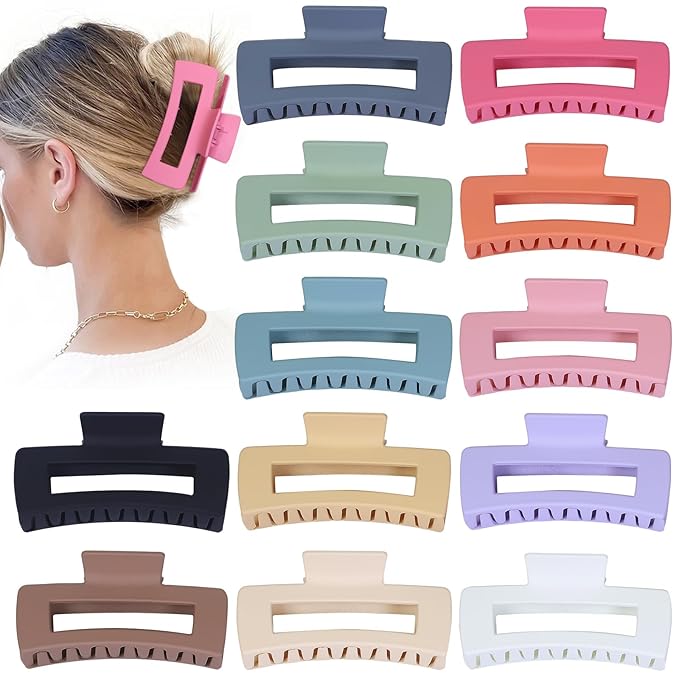 4.1 Inch Jumbo Hair Clips - 12 Pcs Colorful Square Jaw Clips for Thick Hair, Women and Girls Hair Accessories