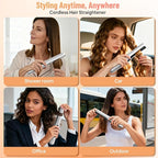 Cordless Hair Straightener, SUNMAY 2-in-1 Titanium Flat Iron Curler with Negative Ion, Dual NTC Temperature Control, 20s Fast Heat-Up, 3 Heat Settings, USB Rechargeable Portable Travel Straightener