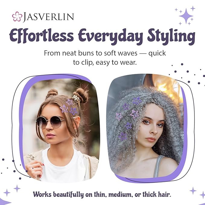 36 Pcs Star Hair Clips, Y2k Cute Snap Barrettes for Women Thin Thick Hair, Colorful Kawaii Girls Rave Accessories Glitter Non Slip Metal Hairclips Assorted Sizes (Purple)