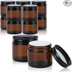 2oz Amber Glass Jars with Lids - 12 Pack Cosmetic Containers for Travel, Lotion, Cream