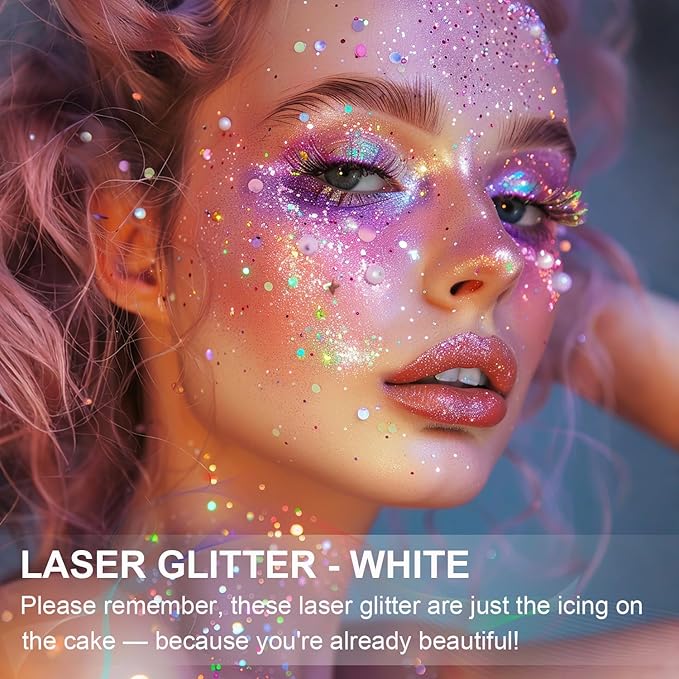 Face Body Glitter Set for Women and Kids, White Silver Purple Holographic Mermaid Sequins Chunky Glitter Makeup for Music Festival Rave Accessories, Christmas, Wedding, New Year, Prom