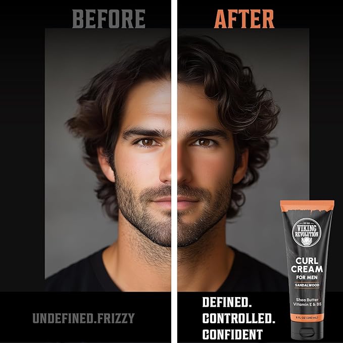 Viking Revolution Hair Curl Cream for Men - Sandalwood Curling Cream with Vitamin E & B5, Shea Butter - Styling Cream for Curly Hair to Enhance, Define and Shape Natural Curls and Wavy Hair (8fl oz)
