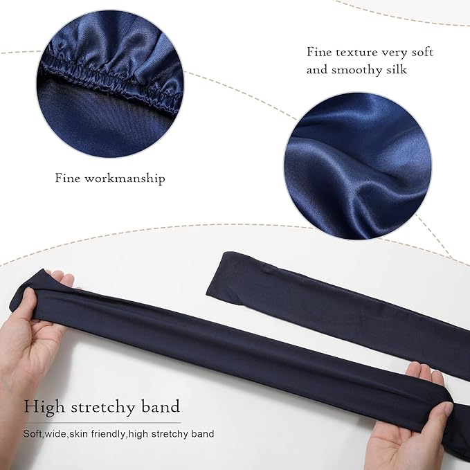 AWAYTR Long Satin Bonnet for Braids - Elastic Silk Hair Bonnets for Sleeping Night Cap Stretchy Tie Band for Women（Navy Blue）