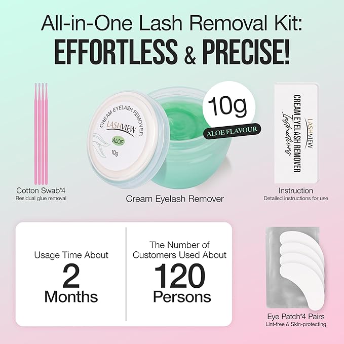 LASHVIEW Eyelash Extension Remover Cream Gentle Aloe Vera Formula, Lash Removal Kit with Eye Patches & Cotton Swabs(10g)