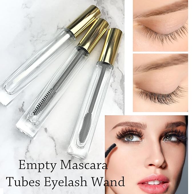 Empty Mascara Tube and Wand Glass, 3PCS 10ml Empty Mascara Tube and Lip Gloss Tubes, Lash Spoolies with Tube, Eyelash Growth Packing Tube Container for Home and Travel (A)