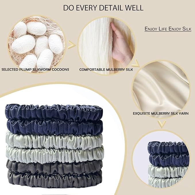 Suncdelv Silk,100% Silk Scrunchies for Hair,22 Momme Hair Ties for Anti-Crease & Breakage,Natural Women Hair Accessories，Fashion Hairbands 6PCS(Navy Blue, Silver Gray, Dark Gray)