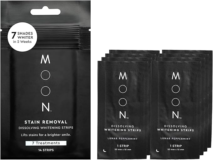 MOON Dissolving Teeth Whitening Strips, 14 No Rinse White Strips, Peppermint, Hydrogen Peroxide & Essential Oils, Whiten Sensitive Teeth up to 7 Shades in 2 Weeks, Travel Essentials, Vegan Oral Care